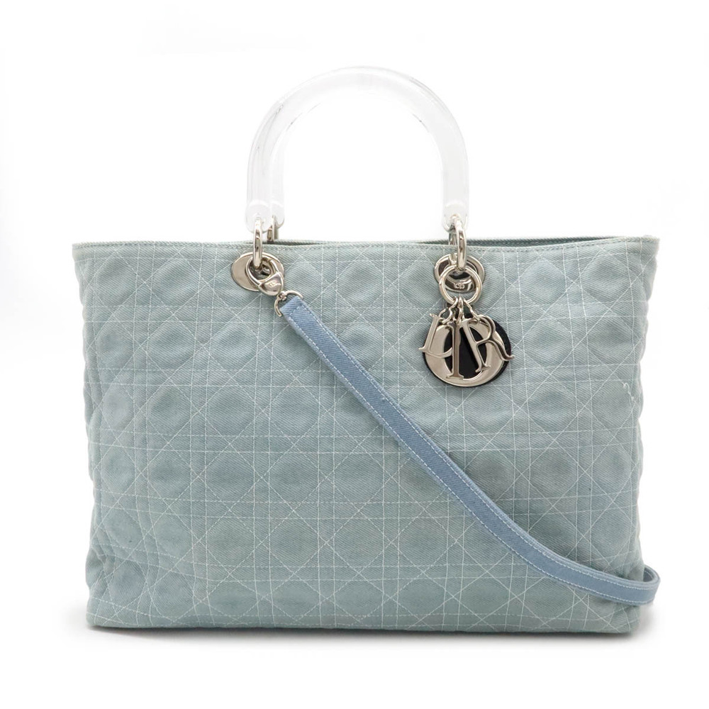 Christian Dior Lady Cannage Tote Bag Shoulder Denim Blue Clear